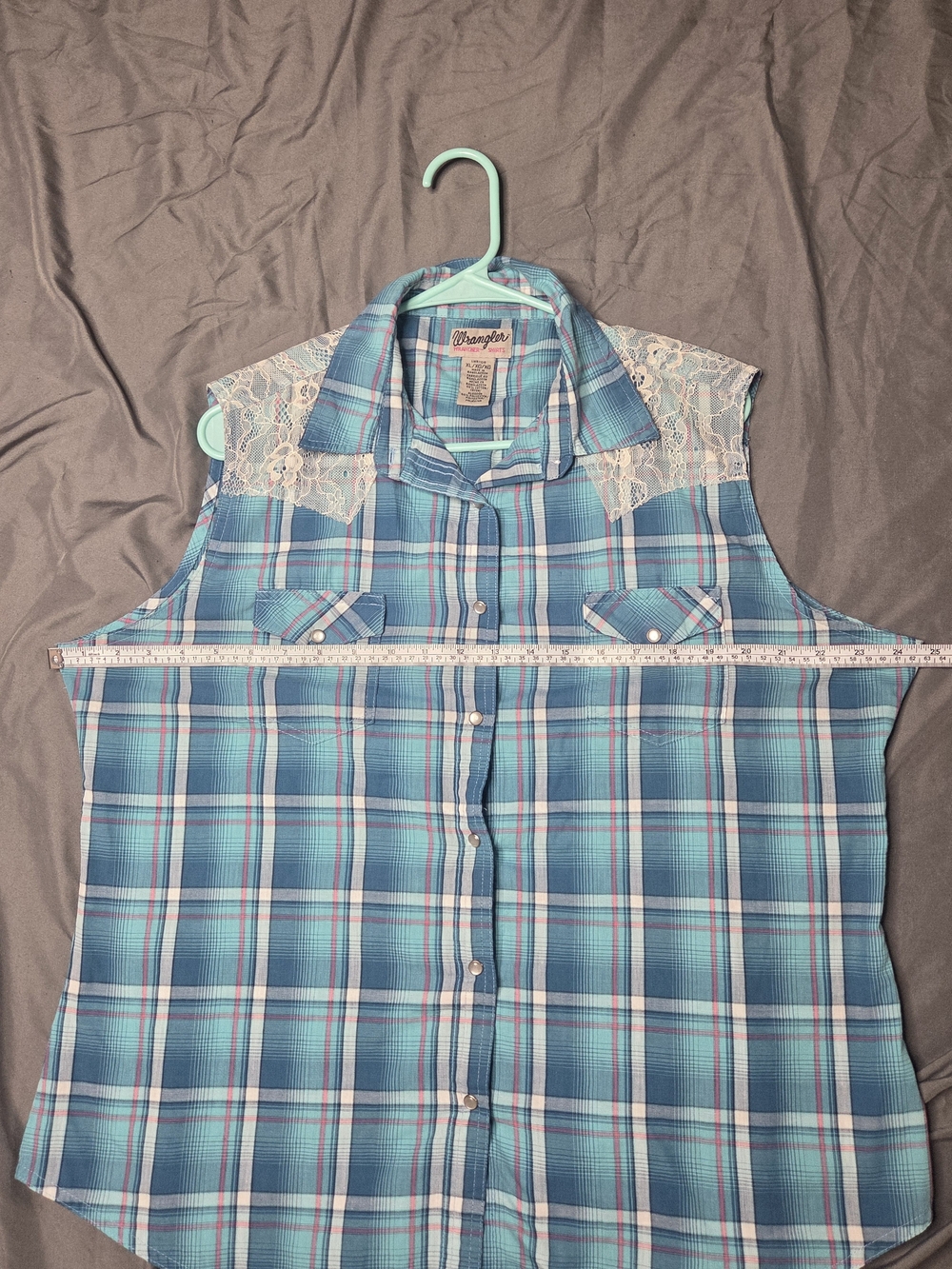 Wrangler Western Sleeveless Plaid Snap Button Shirt XL Lace Yoke Blue - Picture 5 of 6